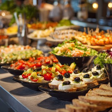 Buffet service presenting a wide selection of hot and cold meals for a celebratory event