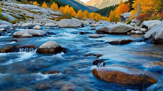 Mountain stream with autumn trees and rocks