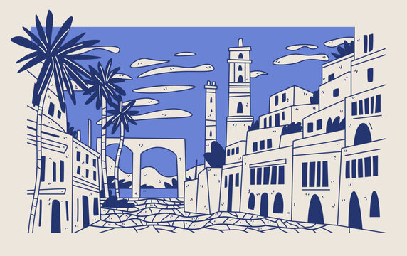 Mediterranean coastal scene old town architecture palm trees sea view blue sky clouds historic buildings street urban landscape