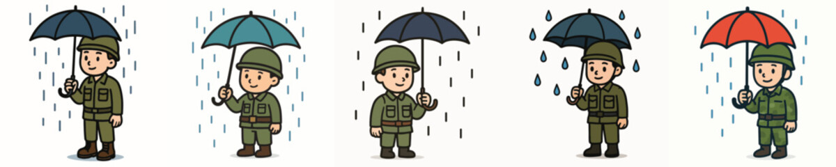 Fototapeta premium Set of vector illustrations of soldiers using umbrellas in the rain.