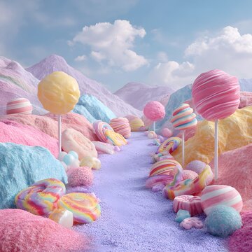 Whimsical sugar landscape featuring colorful candy trees and sweet hills under a blue sky