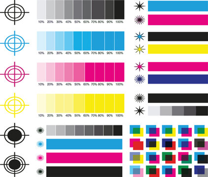 Professional CMYK Color Calibration Test Strip Vector Element with Registration Marks and Gradient Bars for Offset Printing Quality Control and Prepress Proofing Designs
