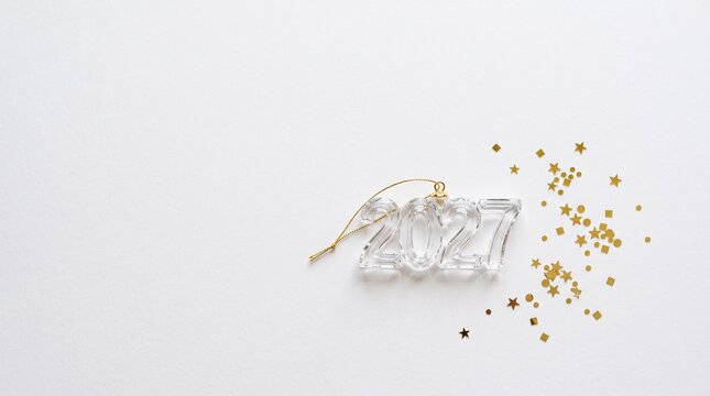 Clear glass ornaments displaying the year 2027 with delicate gold string and scattered metallic star confetti on a clean white background captured from above top view