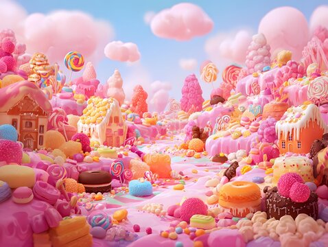 Candyland landscape filled with colorful sweets, lollipops, and gingerbread houses under pink clouds