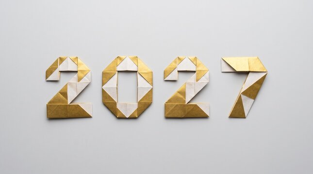 Metallic gold and white origami paper numbers forming the year 2027 isolated on a smooth light gray studio surface with soft natural lighting