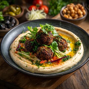 Hummus and falafel with a garnish of parsley and olive oil on a rustic table