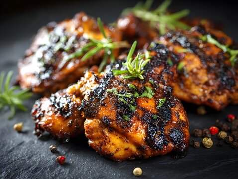 Grilled chicken thighs marinating with herbs and spices on dark background