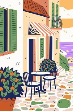 Italian Riviera Italy Mediterranean street cafe seaside colorful houses green shutters orange trees outdoor chairs stone pavement coastal scene
