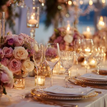 Elegant dinner setting featuring wine glasses, rose blooms, and warm candle light