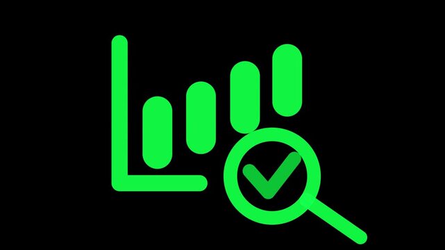 Bar chart icon depicted in bright green highlights a magnifying glass inspecting a checkmark to illustrate the thorough analysis and verification of financial data points in a corporate reporting.