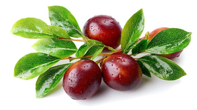 Group of ripe cranberries with green leaves and water drops on a white background