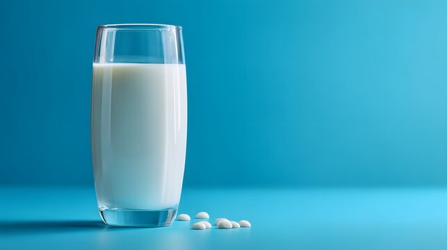 Glass of fresh milk on blue background