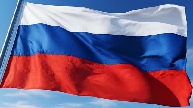 A large Russian flag waves against a clear blue sky