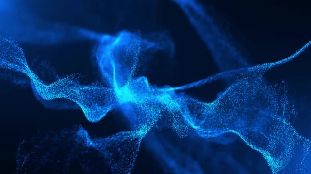 Abstract glowing blue particle wave motion background. Dynamic digital data flow and futuristic technology concept.