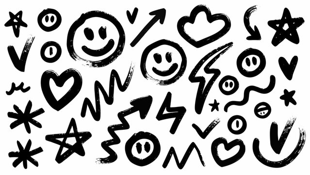 Collection of hand drawn doodles featuring stars hearts smiley faces and arrows on a white background abstract arrow art cartoon