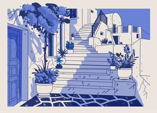 Oia Santorini Greece Mediterranean architecture white stone stairs blue doors potted plants floral terrace scenic outdoor travel destination