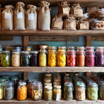 Pantry shelves displaying jars of colorful spices, ingredients, and burlap bags