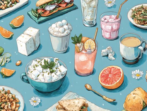 Varied cartoon fast food, fruits, and desserts with faces on a pink background