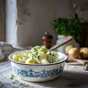 Potato salad serving in a vintage bowl with herbs and creamy dressing
