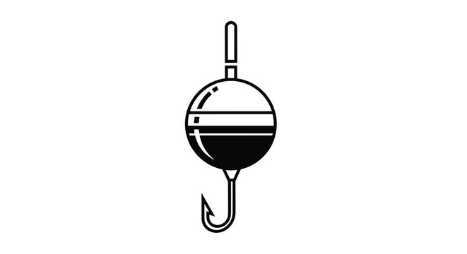 Black and white fishing float silhouette with a sharp metal hook represents angling tackle, traditional fishing gear, and sport.