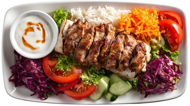 Chicken shawarma serving with fresh salad, cucumbers, tomatoes, pita, and tzatziki sauce