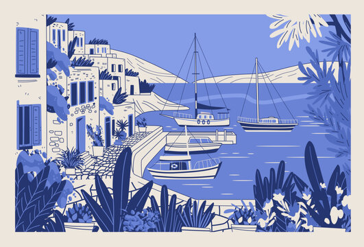 Bodrum Turkey coastal village harbor boats whitewashed houses lush plants Mediterranean landscape scenic seafront architecture template