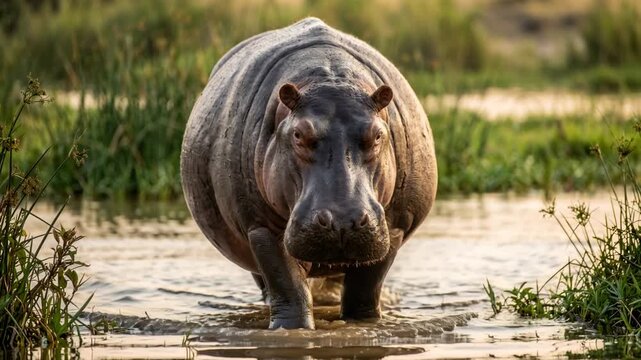 hippopotamus walking through okavango delta botswana wetlands toward camera videov