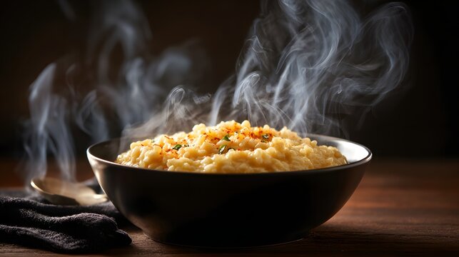 Creamy italian risotto steaming in a black bowl, garnished with fresh basil