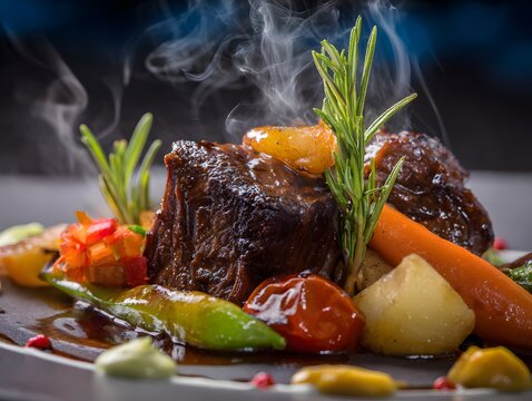 Gourmet braised beef slowly cooked with aromatic herbs and vegetables, served hot