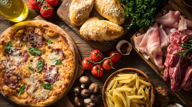 Gathering various fresh ingredients for preparing delicious traditional italian cuisine