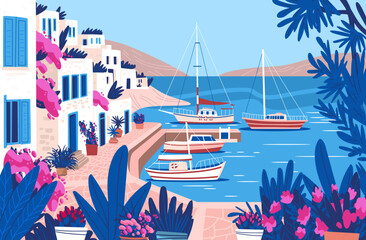 Fototapeta premium Bodrum Turkey Mediterranean harbor white houses yachts sea vibrant flowers coastal landscape blue pink plants scenic waterfront travel