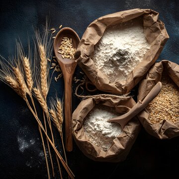 Assorted baking ingredients including different flours, brown sugar, and wheat ears on a dark background