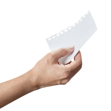 Hand presenting empty ripped notebook page, isolated on transparent cutout background