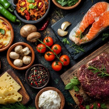 Healthy ingredients for cooking including salmon fillet, avocado, and various spices on wood