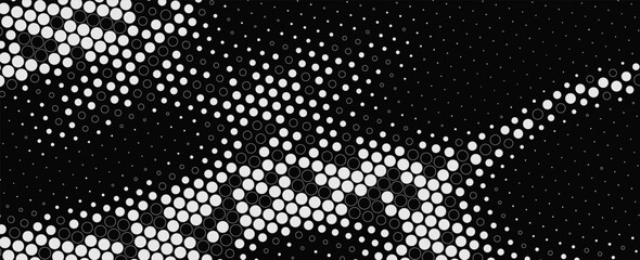 Monochrome halftone texture with dynamic circle mesh and abstract binary flow. Futuristic design for digital science, web banner, and big data. © Fahrus sinatria