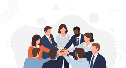 Fototapeta premium Diverse business team joining hands in unity, symbolizing collaboration, teamwork, and success in a modern flat vector illustration.