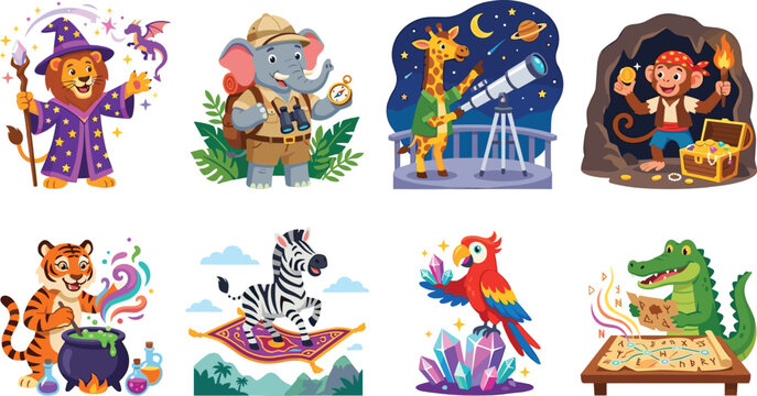 Cute Adventure Animal Characters Vector Collection with Fantasy Explorer and Magical Cartoon Illustrations