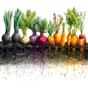 Root vegetables growing in soil watercolor illustration