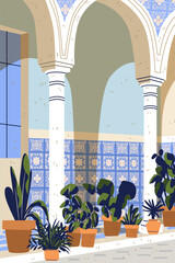 Obraz premium Spanish Azulejo tiles Spain traditional courtyard arches potted plants decorative blue ceramics Mediterranean architecture interior daylight