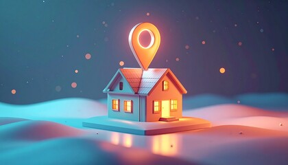 Naklejka premium Miniature 3D house model with glowing location pin on abstract background