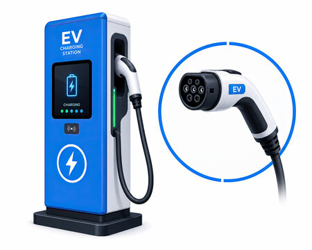Electric vehicle charger, EV charging station, blue charging point, car power connector