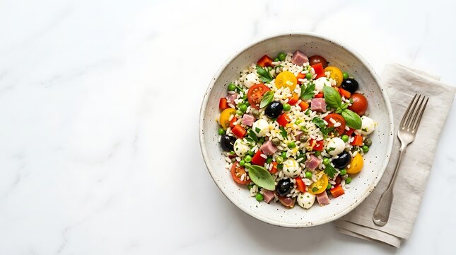 Fresh mixed vegetable salad in a bowl with a fork on the side. riso insalata