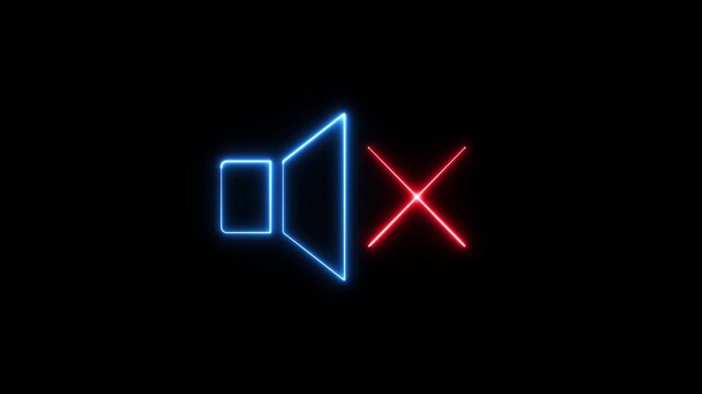 Neon mute icon, glowing sound off symbol, futuristic audio control and media silence we element. No sound icon sign. Glowing neon no sound icon animation on a black background.