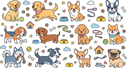 Cute puppy stickers and dog breeds collection featuring golden retriever corgi french bulldog beagle dachshund shiba inu husky pug and poodle with pet supplies vector illustrations © MstLinaAkter