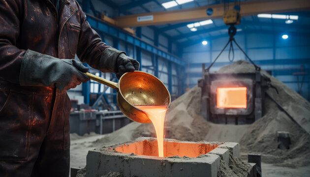 Heavy industry metallurgical worker in dirty protective gear carefully pouring glowing hot molten metal from a golden ladle into a square sand mold inside a large dark foundry