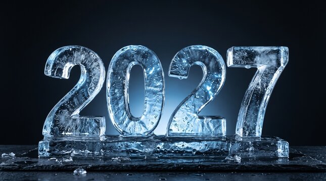 Shiny numbers representing the year 2027 carved from transparent melting ice blocks glowing against a dark moody blue background for a festive new year celebration