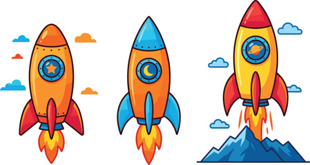 Cartoon space rocket ship launch set, cute spaceship vector illustration icons on white background © VectoStudio