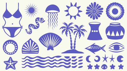 Mediterranean Beach Silhouette Collection A Blue Vector Illustration Of Marine Life And Coastal Elements aquatic bikini coast coral creature curve © MINA