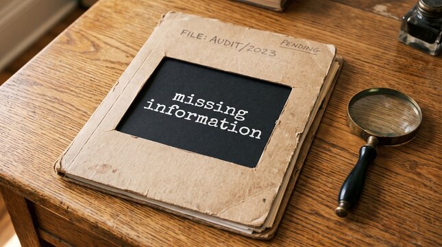 Vintage audit file with missing information text, old cardboard folder on wooden desk, detective investigation concept with magnifying glass