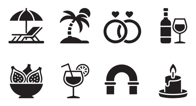 Wedding and honeymoon icons with tropical beach, rings, wine, and candle.